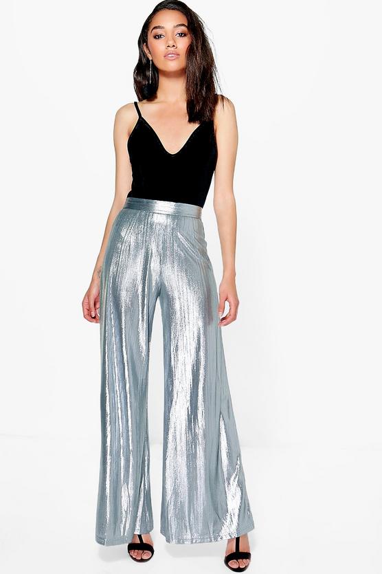 Petite Leona Pleated Shimmer Wide Leg Trouser